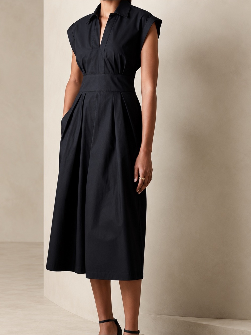 NWT Banana Republic Factory Black Band-Waist Poplin Midi Dress Petite 0
